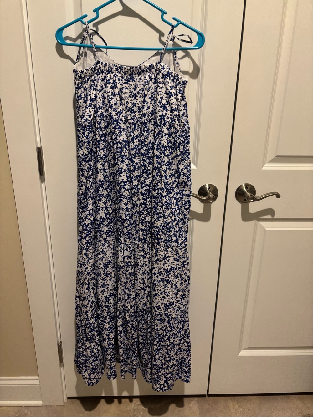 Hatch White Maxi Dress with Blue Floral Print and Tie Straps
